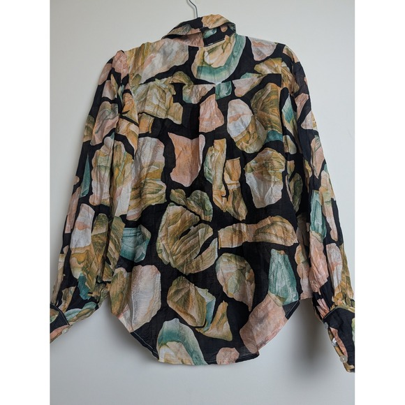 Luxxel Womens S Black Abstract Floral Button Down Button Cuff Long Sleeve Blouse - Picture 7 of 9